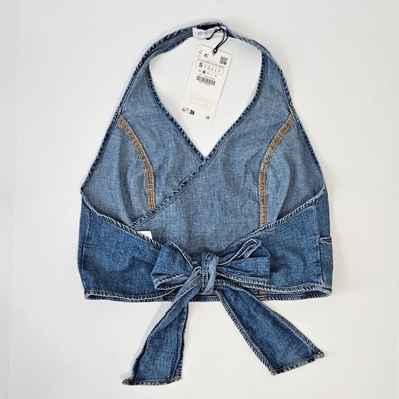ZARA OPEN BACK DENIM TOP - Picture 4 of 10